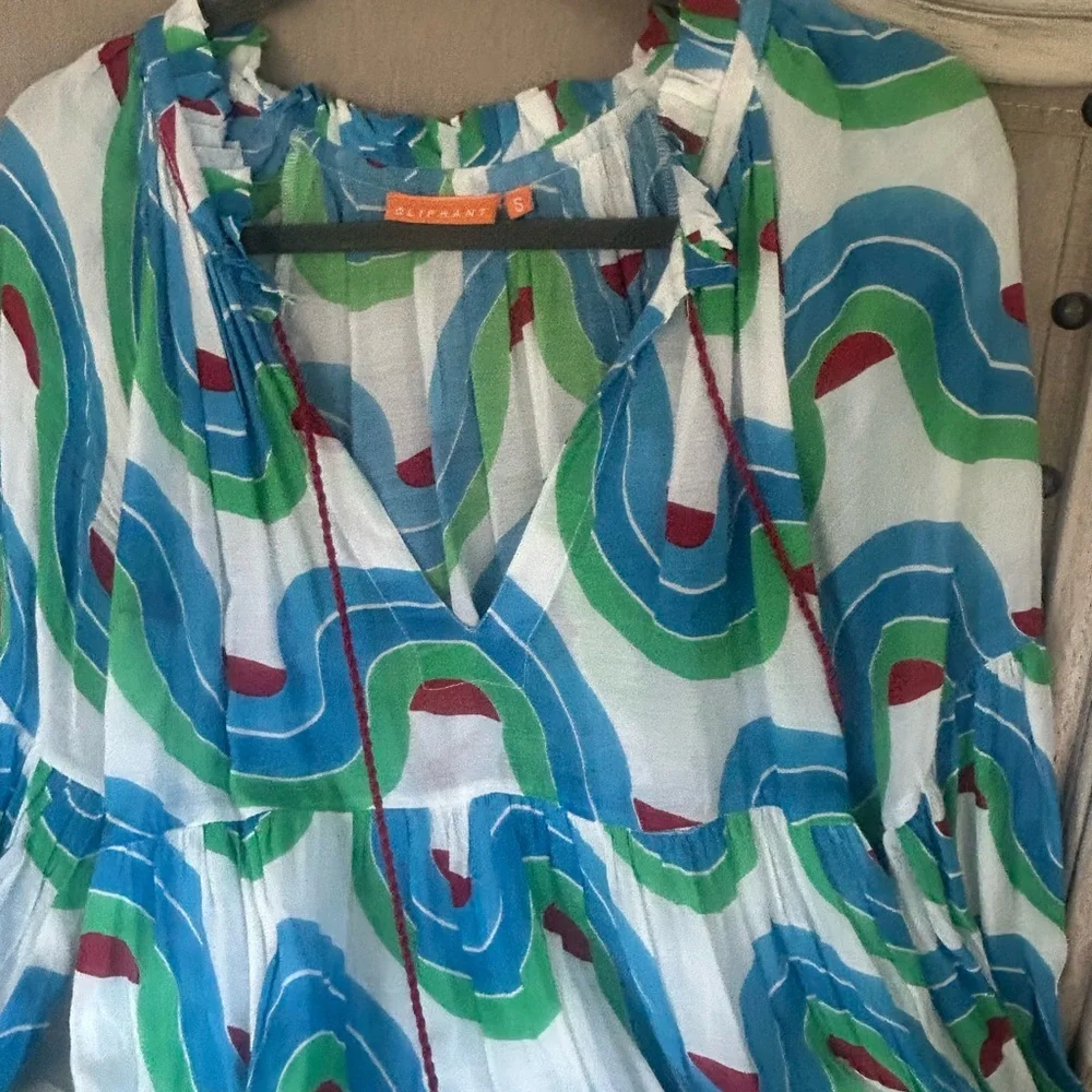 Oliphant Noveau Dress with Retro Swirl Pattern and Balloon Sleeves- Small - Picture 6 of 9